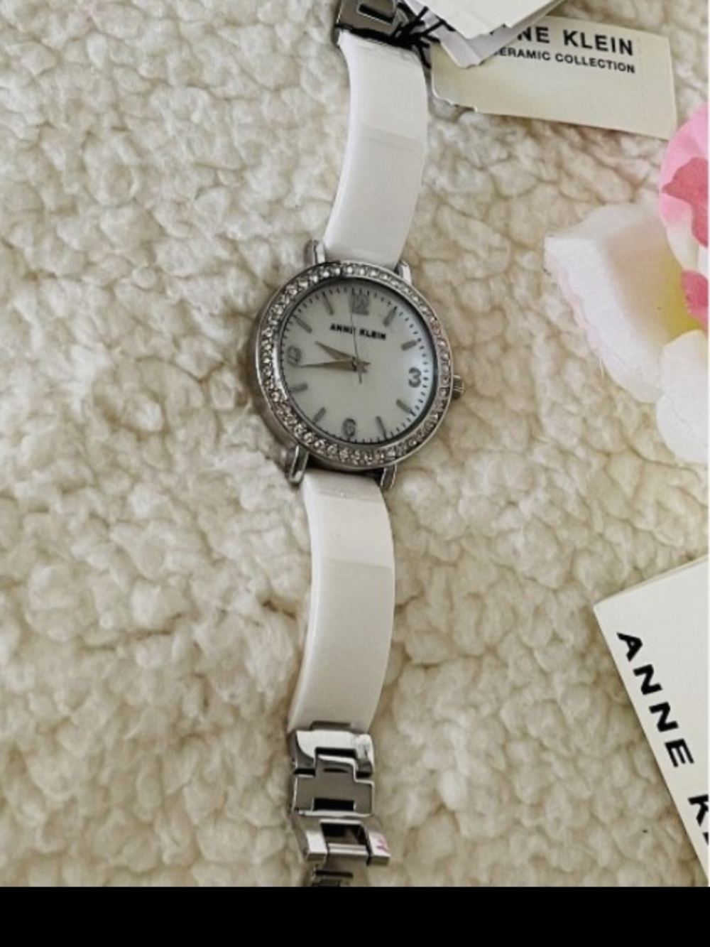 Anne Klein White Ceramic and Silver-Tone Crystal Accent Women's Watch